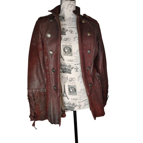 Tribe America Size 8 Geronimo Cognac Leather Jacket Cinched Back, Zip, Steampunk - Picture 10 of 10